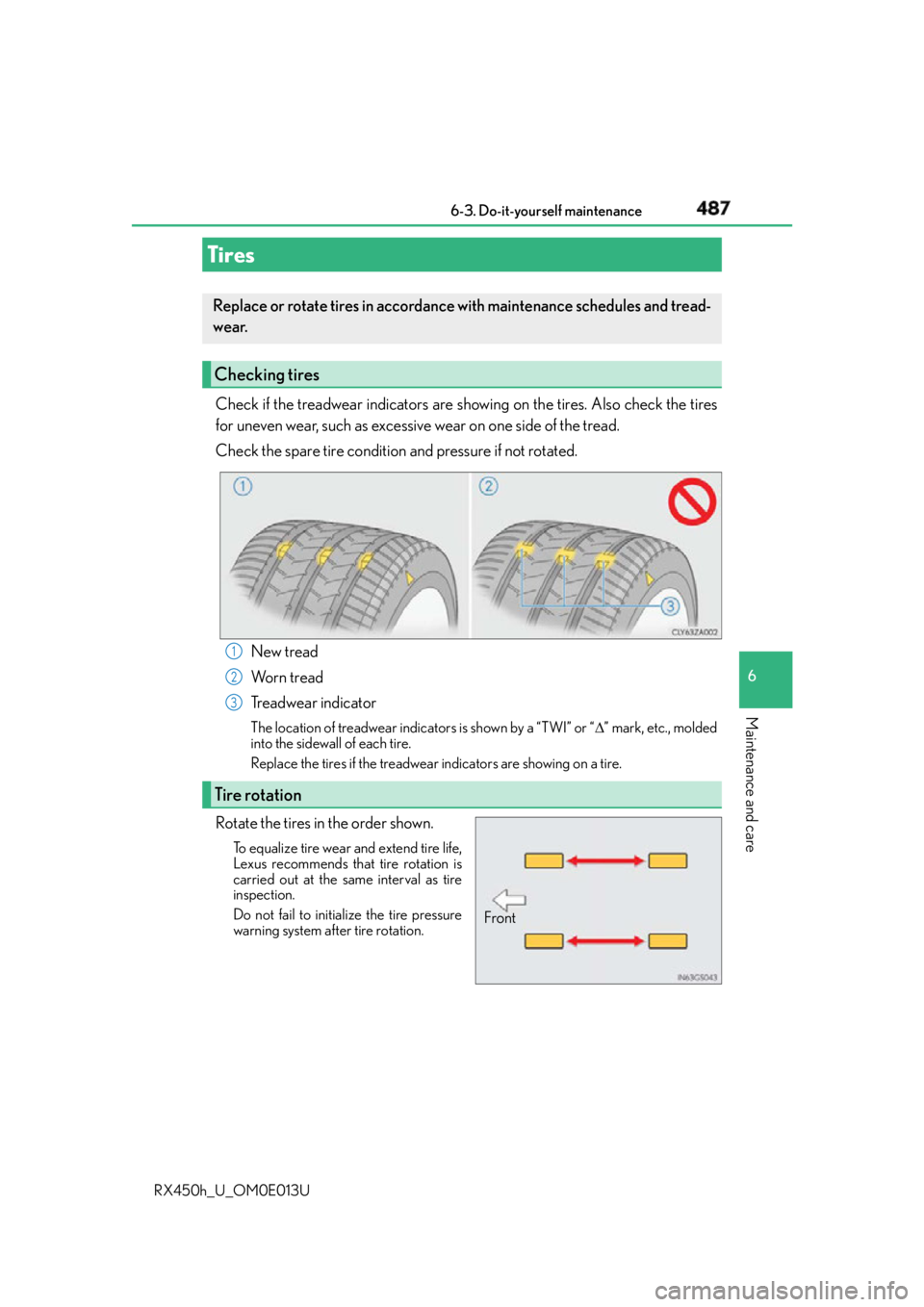 LEXUS RX450h 2016  Owners Manual 4876-3. Do-it-yourself maintenance
6
Maintenance and care
RX450h_U_OM0E013U Check if the treadwear indicators are showing on the tires. Also check the tires
for uneven wear, such as excessive wear on 