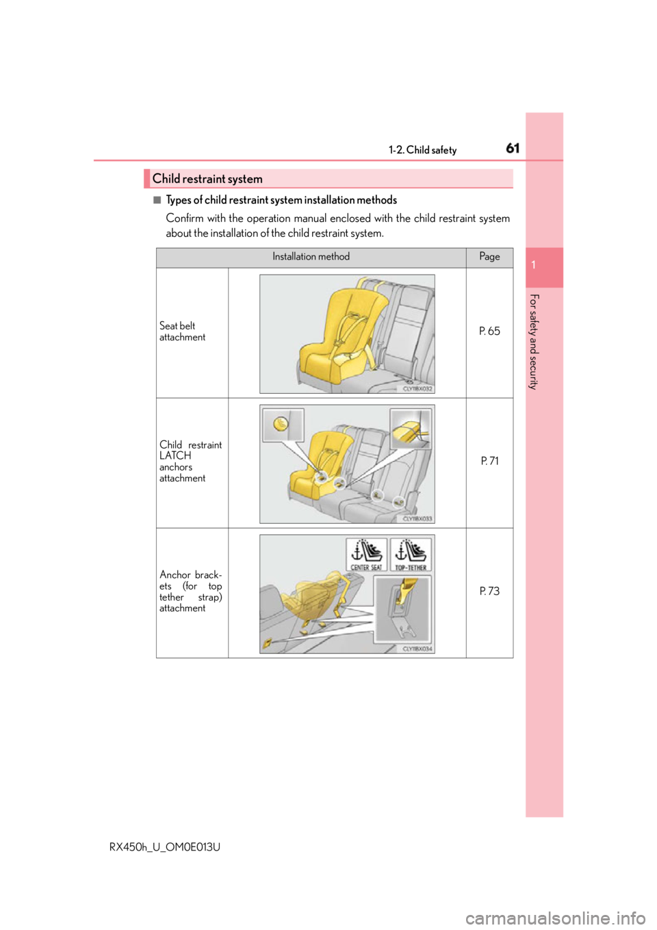 LEXUS RX450h 2016 Repair Manual 611-2. Child safety
1
For safety and security
RX450h_U_OM0E013U ■
Types of child restraint system installation methods
Confirm with the operation manual encl osed with the child restraint system
abo LEXUS RX450h 2016 Repair Manual 611-2. Child safety
1
For safety and security
RX450h_U_OM0E013U ■
Types of child restraint system installation methods
Confirm with the operation manual encl osed with the child restraint system
abo