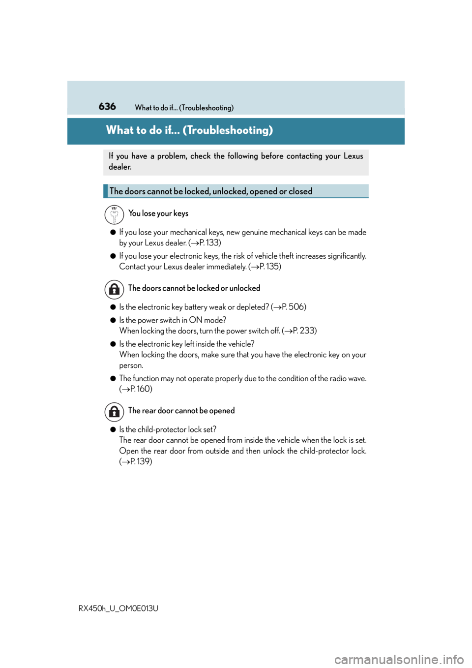 LEXUS RX450h 2016  Owners Manual 636
RX450h_U_OM0E013U What to do if... (Troubleshooting)
What to do if... (Troubleshooting) ●
If you lose your mechanical keys, ne w genuine mechanical keys can be made
by your Lexus dealer. (  P