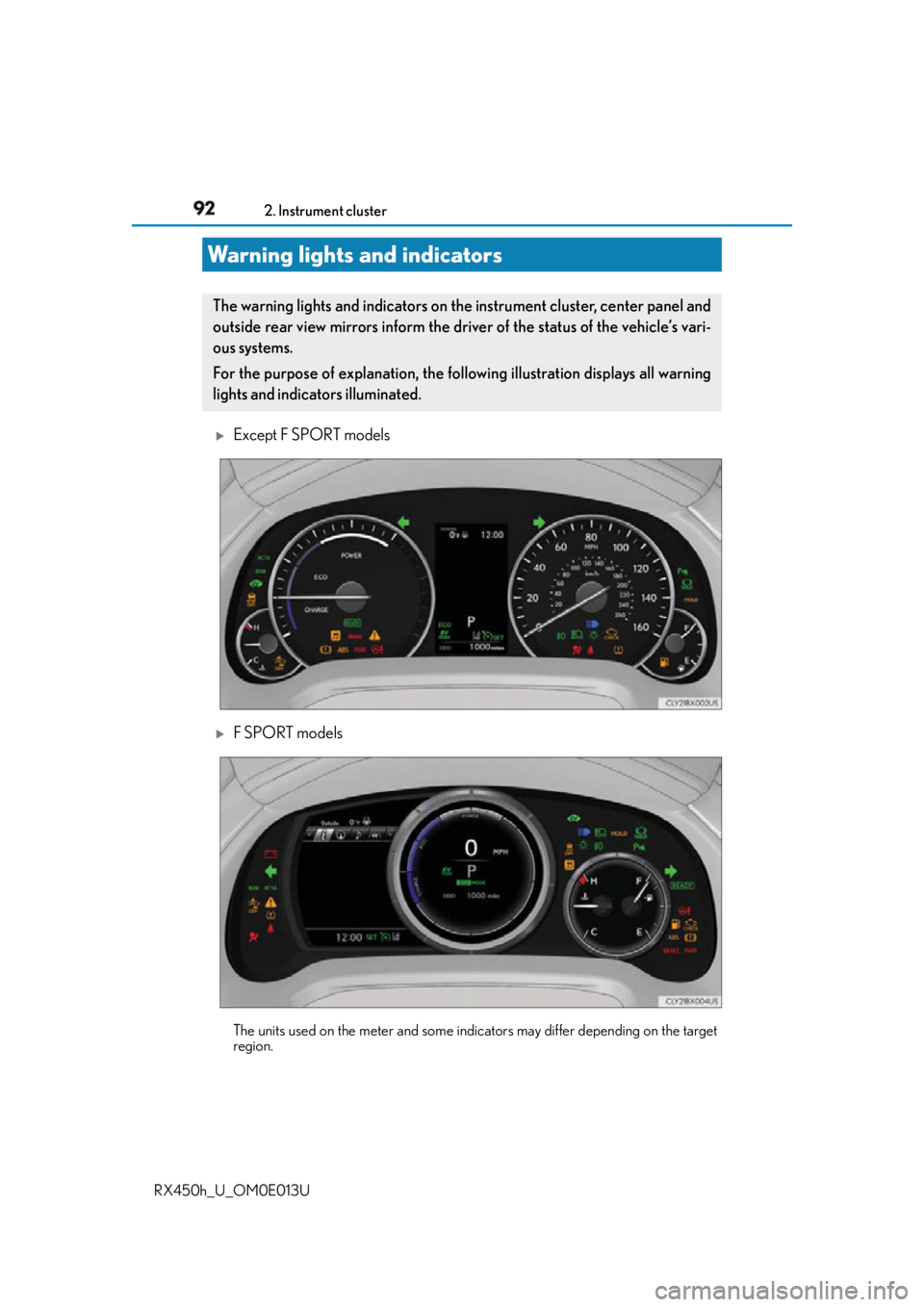 LEXUS RX450h 2016 Owners Manual 92
RX450h_U_OM0E013U 2. Instrument cluster
Except F SPORT models
F SPORT models
The units used on the meter and some indicators may differ depending on the target
region.Warning lights and ind LEXUS RX450h 2016 Owners Manual 92
RX450h_U_OM0E013U 2. Instrument cluster
Except F SPORT models
F SPORT models
The units used on the meter and some indicators may differ depending on the target
region.Warning lights and ind