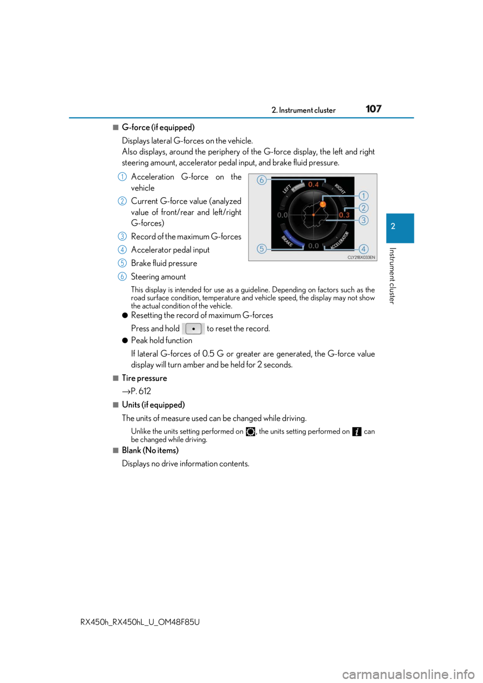 LEXUS RX450h 2018 Owners Manual 1072. Instrument cluster
2
Instrument cluster
RX450h_RX450hL _U_OM48F85U■
G-force (if equipped)
Displays lateral G-forces on the vehicle.
Also displays, around the periphery of the G-force displa LEXUS RX450h 2018 Owners Manual 1072. Instrument cluster
2
Instrument cluster
RX450h_RX450hL _U_OM48F85U■
G-force (if equipped)
Displays lateral G-forces on the vehicle.
Also displays, around the periphery of the G-force displa