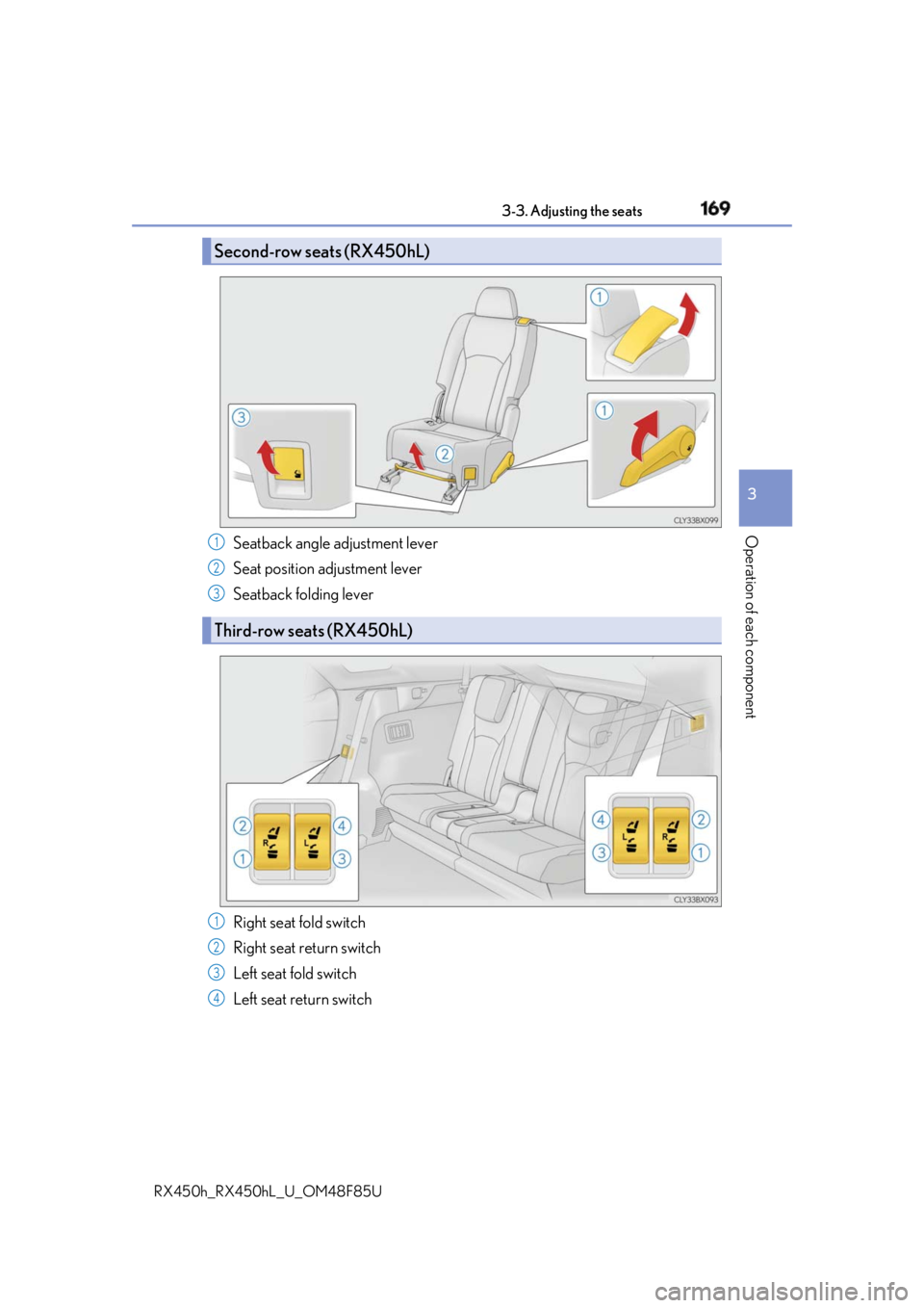 LEXUS RX450h 2018 Owners Manual 1693-3. Adjusting the seats
3
Operation of each component
RX450h_RX450hL _U_OM48F85USeatback angle adjustment lever
Seat position adjustment lever
Seatback folding lever
Right seat fold switch
Right s LEXUS RX450h 2018 Owners Manual 1693-3. Adjusting the seats
3
Operation of each component
RX450h_RX450hL _U_OM48F85USeatback angle adjustment lever
Seat position adjustment lever
Seatback folding lever
Right seat fold switch
Right s