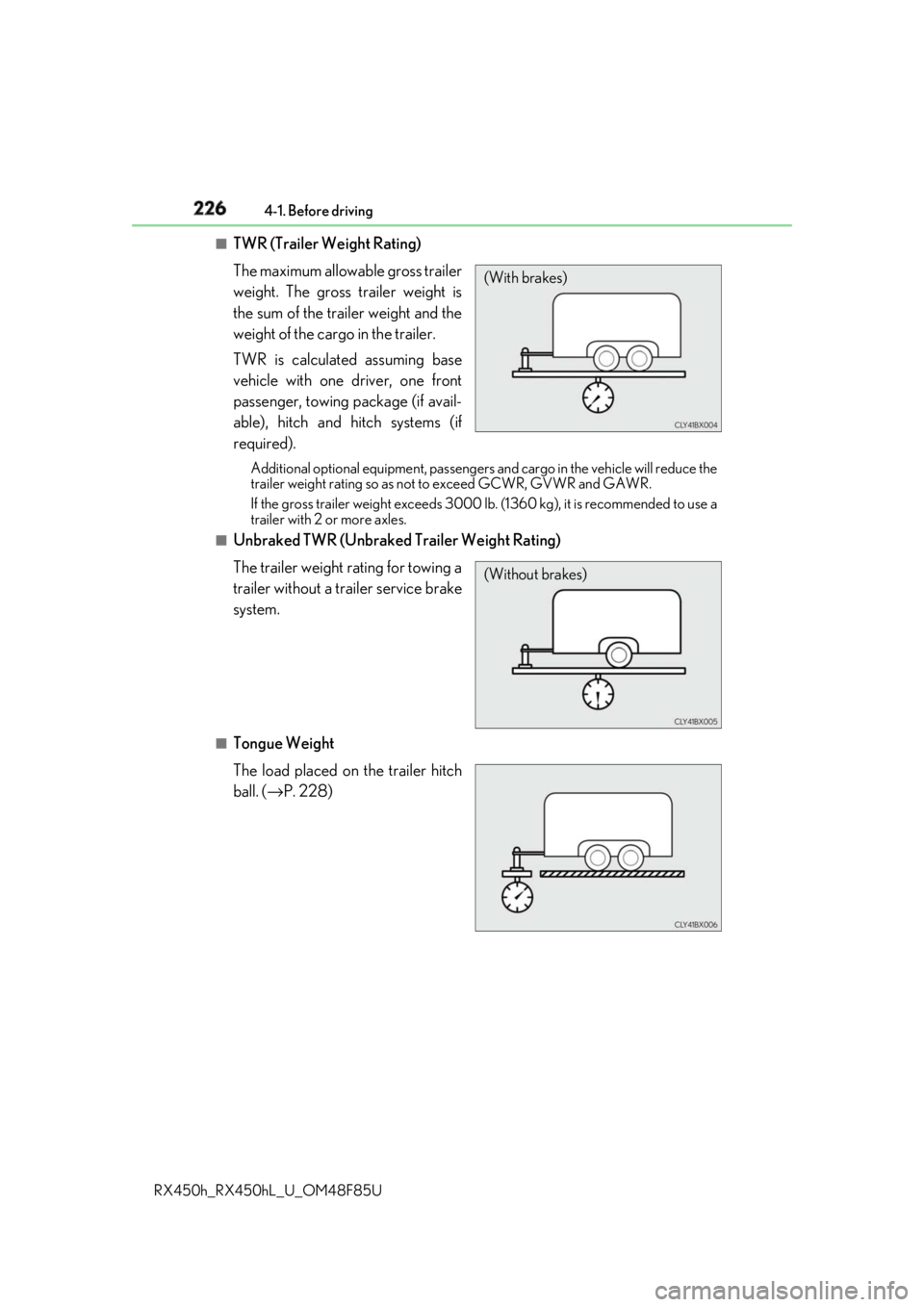 LEXUS RX450h 2018 Owners Manual 226 4-1. Before driving
RX450h_RX450hL _U_OM48F85U■
TWR (Trailer Weight Rating)
The maximum allowable gross trailer
weight. The gross trailer weight is
the sum of the trailer weight and the
weight o LEXUS RX450h 2018 Owners Manual 226 4-1. Before driving
RX450h_RX450hL _U_OM48F85U■
TWR (Trailer Weight Rating)
The maximum allowable gross trailer
weight. The gross trailer weight is
the sum of the trailer weight and the
weight o
