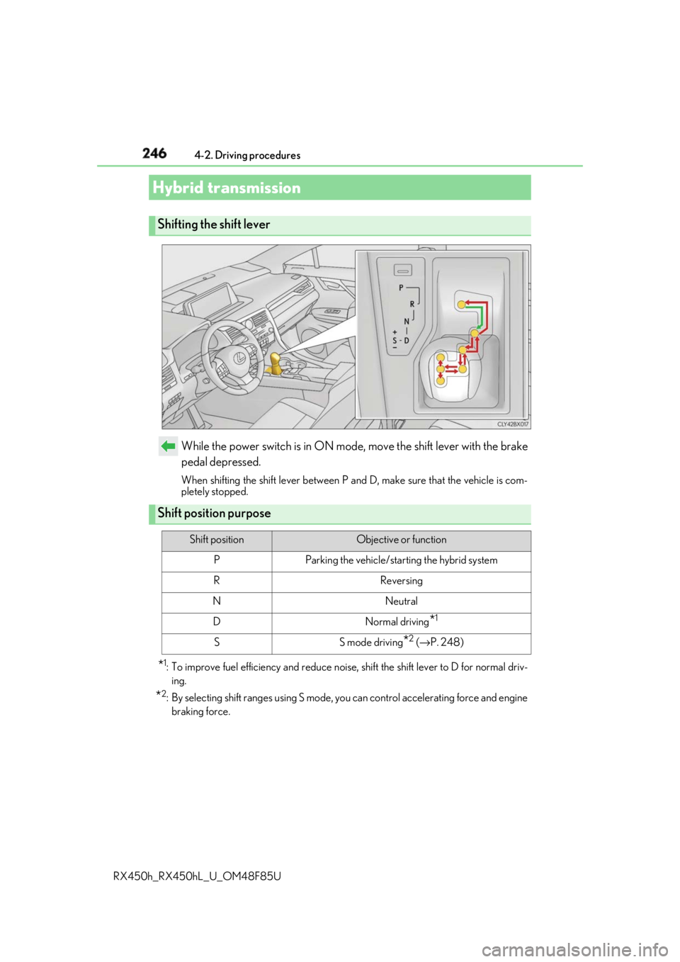 LEXUS RX450h 2018 Owners Manual 246 4-2. Driving procedures
RX450h_RX450hL _U_OM48F85UWhile the power switch is in ON mode, move the shift lever with the brake
pedal depressed. When shifting the shift lever between P and D, make sur LEXUS RX450h 2018 Owners Manual 246 4-2. Driving procedures
RX450h_RX450hL _U_OM48F85UWhile the power switch is in ON mode, move the shift lever with the brake
pedal depressed. When shifting the shift lever between P and D, make sur