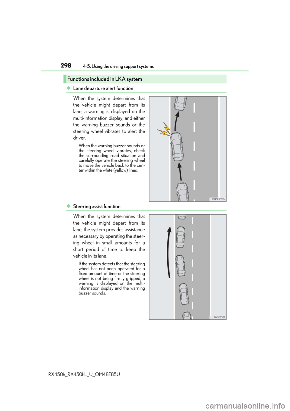 LEXUS RX450h 2018 Owners Manual 298 4-5. Using the driving support systems
RX450h_RX450hL _U_OM48F85U◆ Lane departure alert function
When the system determines that
the vehicle might depart from its
lane, a warning is displayed on LEXUS RX450h 2018 Owners Manual 298 4-5. Using the driving support systems
RX450h_RX450hL _U_OM48F85U◆ Lane departure alert function
When the system determines that
the vehicle might depart from its
lane, a warning is displayed on