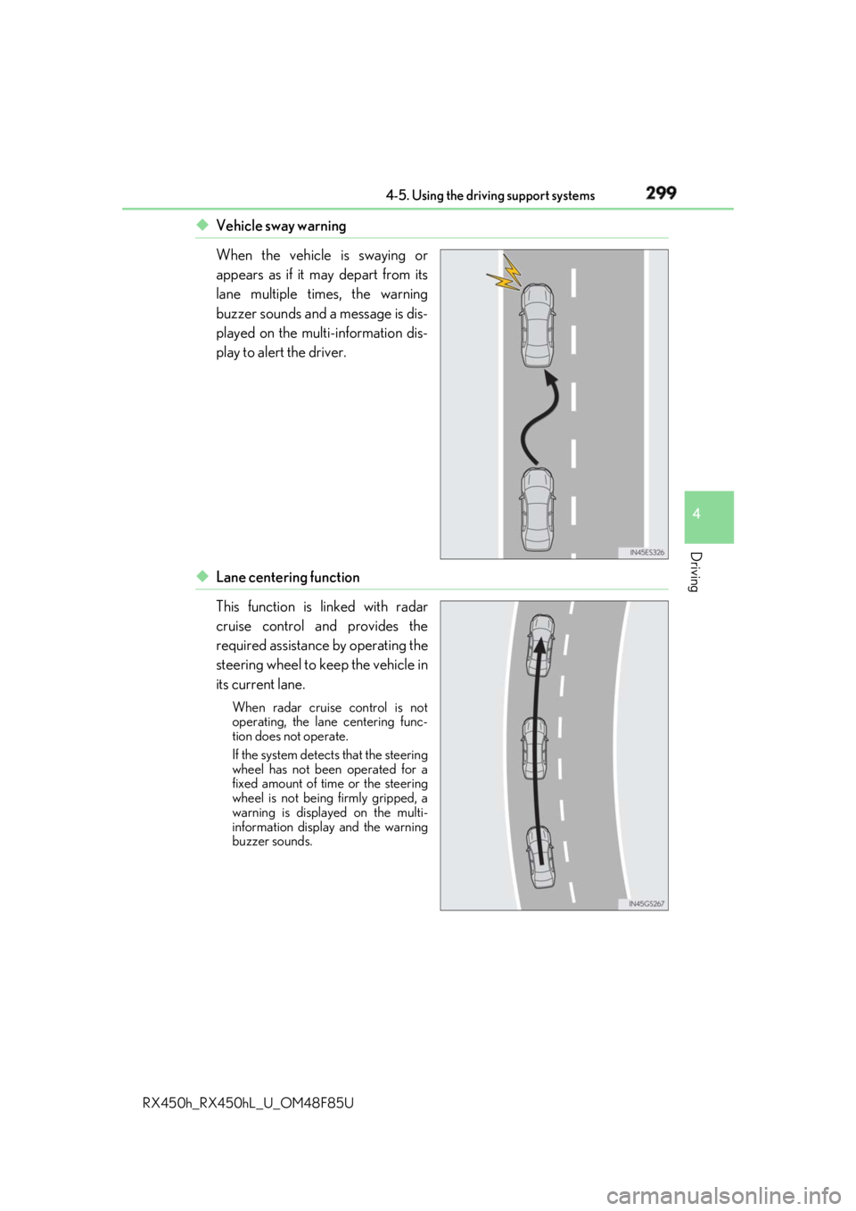 LEXUS RX450h 2018 Owners Manual 2994-5. Using the driving support systems
4
Driving
RX450h_RX450hL _U_OM48F85U◆ Vehicle sway warning
When the vehicle is swaying or
appears as if it may depart from its
lane multiple times, the warn LEXUS RX450h 2018 Owners Manual 2994-5. Using the driving support systems
4
Driving
RX450h_RX450hL _U_OM48F85U◆ Vehicle sway warning
When the vehicle is swaying or
appears as if it may depart from its
lane multiple times, the warn