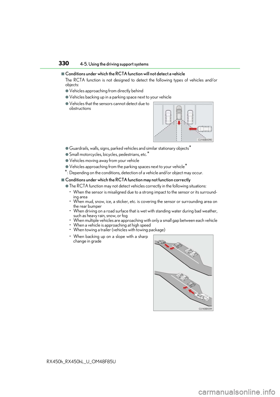 LEXUS RX450h 2018 Owners Manual 330 4-5. Using the driving support systems
RX450h_RX450hL _U_OM48F85U■
Conditions under which the RCTA fu nction will not detect a vehicle
The RCTA function is not designed to detect the following t LEXUS RX450h 2018 Owners Manual 330 4-5. Using the driving support systems
RX450h_RX450hL _U_OM48F85U■
Conditions under which the RCTA fu nction will not detect a vehicle
The RCTA function is not designed to detect the following t