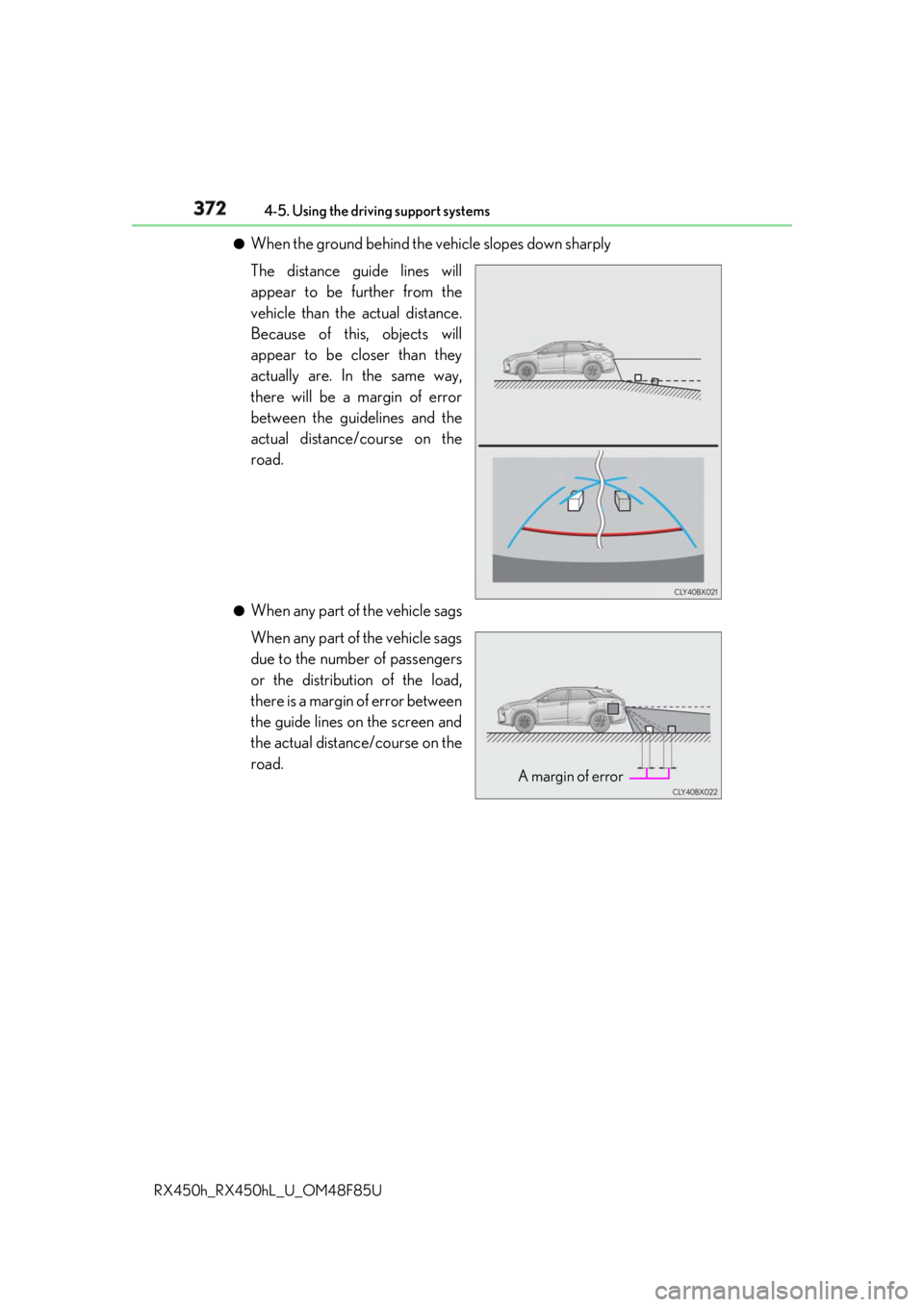 LEXUS RX450h 2018 Owners Manual 372 4-5. Using the driving support systems
RX450h_RX450hL _U_OM48F85U●
When the ground behind the vehicle slopes down sharply
The distance guide lines will
appear to be further from the
vehicle than LEXUS RX450h 2018 Owners Manual 372 4-5. Using the driving support systems
RX450h_RX450hL _U_OM48F85U●
When the ground behind the vehicle slopes down sharply
The distance guide lines will
appear to be further from the
vehicle than