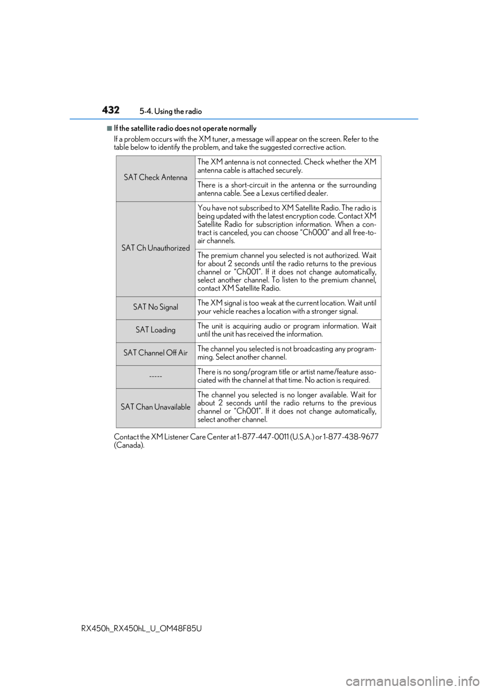 LEXUS RX450h 2018 Owners Manual 432 5-4. Using the radio
RX450h_RX450hL _U_OM48F85U■
If the satellite radio does not operate normally
If a problem occurs with the XM tuner, a message will appear on the screen. Refer to the
table b LEXUS RX450h 2018 Owners Manual 432 5-4. Using the radio
RX450h_RX450hL _U_OM48F85U■
If the satellite radio does not operate normally
If a problem occurs with the XM tuner, a message will appear on the screen. Refer to the
table b