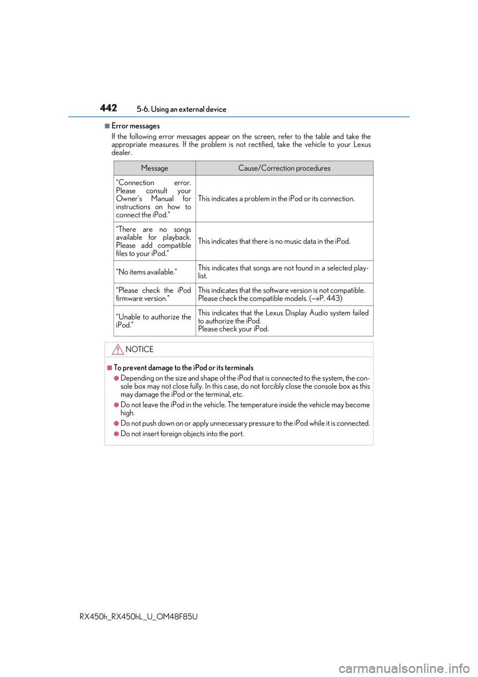 LEXUS RX450h 2018 Owners Manual 442 5-6. Using an external device
RX450h_RX450hL _U_OM48F85U■
Error messages
If the following error messages appear on th e screen, refer to the table and take the
appropriate measures. If the pr ob LEXUS RX450h 2018 Owners Manual 442 5-6. Using an external device
RX450h_RX450hL _U_OM48F85U■
Error messages
If the following error messages appear on th e screen, refer to the table and take the
appropriate measures. If the pr ob