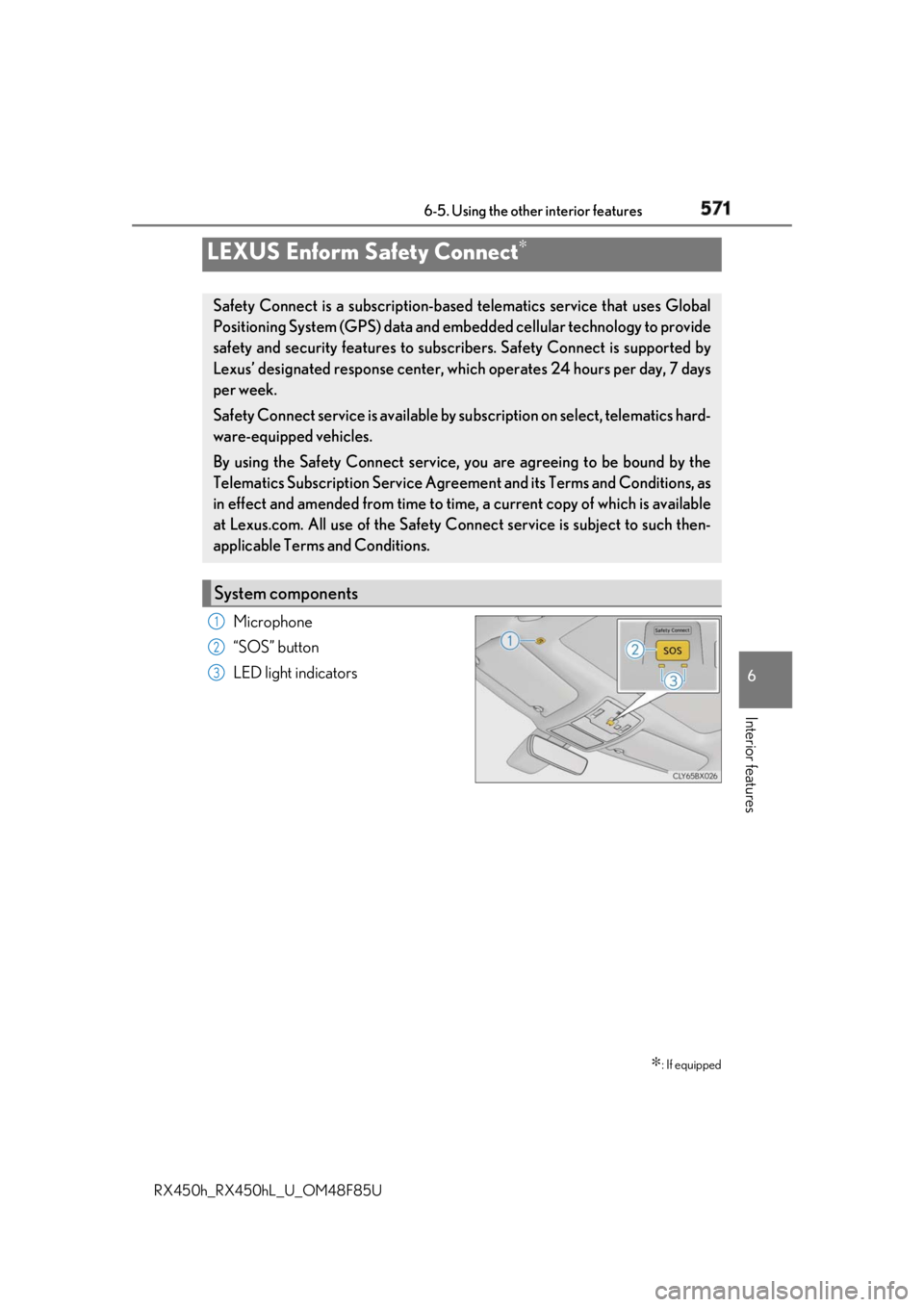 LEXUS RX450h 2018 Owners Manual 5716-5. Using the other interior features
6
Interior features
RX450h_RX450hL _U_OM48F85UMicrophone
“SOS” button
LED light indicatorsLEXUS Enform Safety Connect ∗
∗ : If equippedSafety Connect LEXUS RX450h 2018 Owners Manual 5716-5. Using the other interior features
6
Interior features
RX450h_RX450hL _U_OM48F85UMicrophone
“SOS” button
LED light indicatorsLEXUS Enform Safety Connect ∗
∗ : If equippedSafety Connect