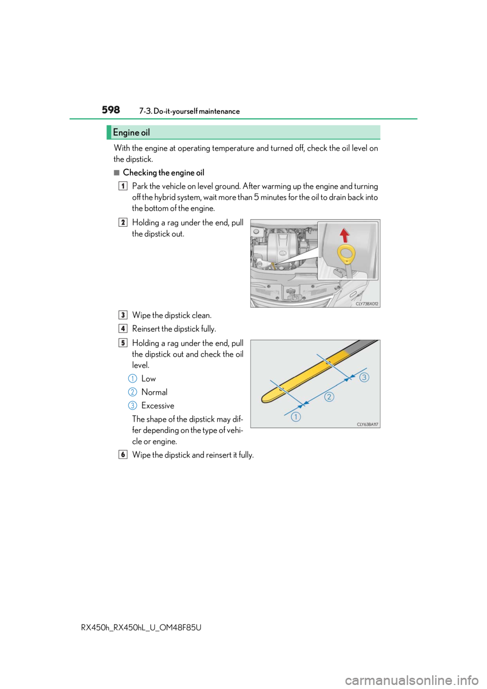 LEXUS RX450h 2018 Owners Manual 598 7-3. Do-it-yourself maintenance
RX450h_RX450hL _U_OM48F85UWith the engine at operating temperatur e and turned off, check the oil level on
the dipstick. ■
Checking the engine oil
Park the vehicl LEXUS RX450h 2018 Owners Manual 598 7-3. Do-it-yourself maintenance
RX450h_RX450hL _U_OM48F85UWith the engine at operating temperatur e and turned off, check the oil level on
the dipstick. ■
Checking the engine oil
Park the vehicl