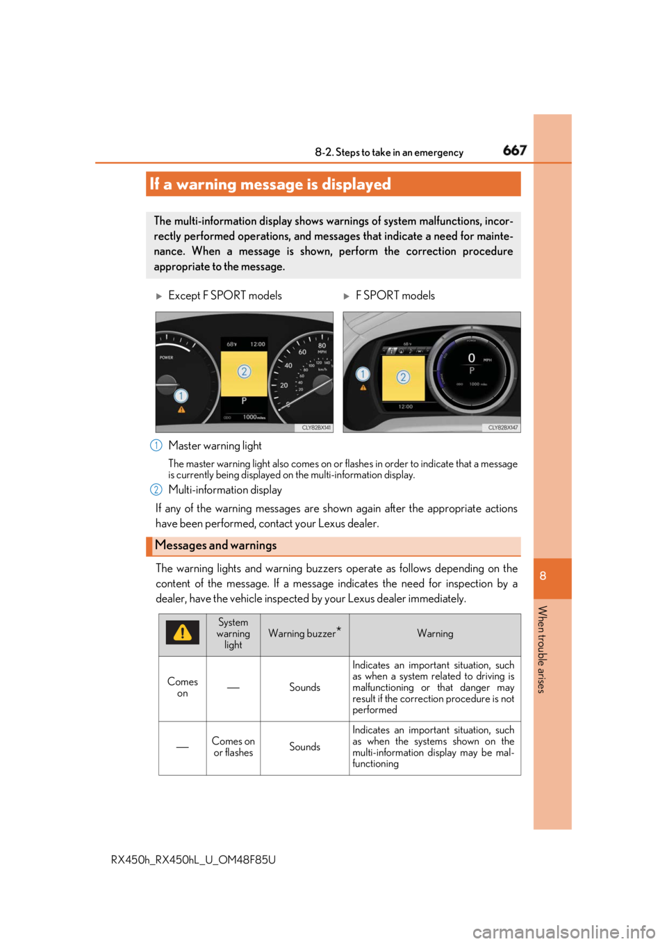 LEXUS RX450h 2018 Owners Manual 6678-2. Steps to take in an emergency
8
When trouble arises
RX450h_RX450hL _U_OM48F85UThe warning lights and warning buzzers operate as follows depending on the
content of the message. If a message i LEXUS RX450h 2018 Owners Manual 6678-2. Steps to take in an emergency
8
When trouble arises
RX450h_RX450hL _U_OM48F85UThe warning lights and warning buzzers operate as follows depending on the
content of the message. If a message i