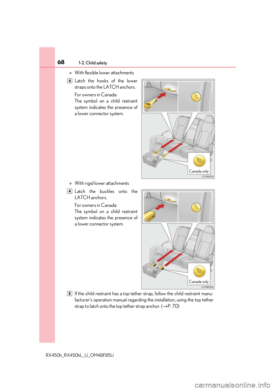 LEXUS RX450h 2018 Repair Manual 68 1-2. Child safety
RX450h_RX450hL _U_OM48F85U
With flexible lower attachments
Latch the hooks of the lower
straps onto the LATCH anchors.
For owners in Canada:
The symbol on a child restraint
sy LEXUS RX450h 2018 Repair Manual 68 1-2. Child safety
RX450h_RX450hL _U_OM48F85U
With flexible lower attachments
Latch the hooks of the lower
straps onto the LATCH anchors.
For owners in Canada:
The symbol on a child restraint
sy