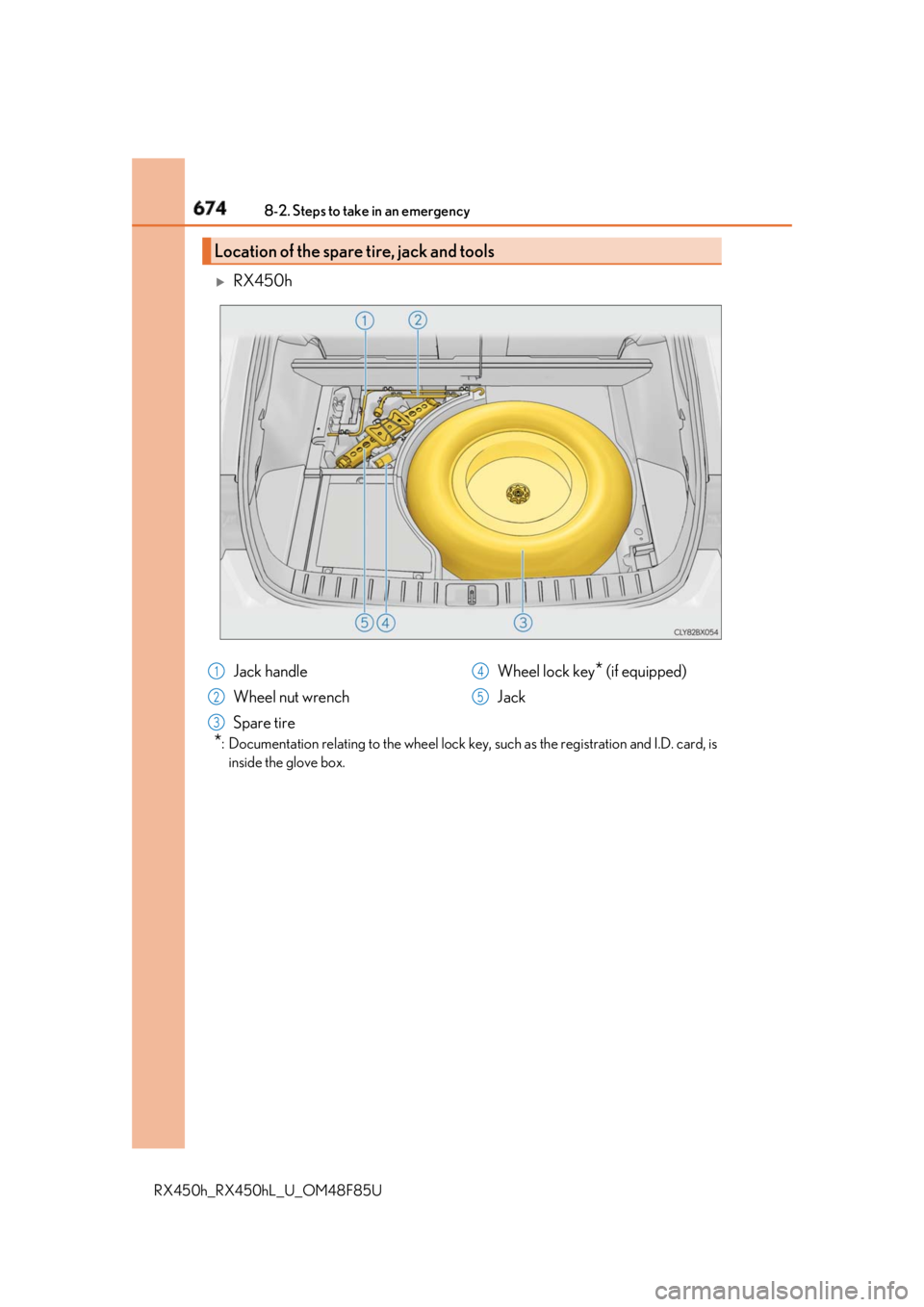 LEXUS RX450h 2018 Owners Manual 674 8-2. Steps to take in an emergency
RX450h_RX450hL _U_OM48F85U
RX450h
* : Documentation relating to the wheel lock key, such as the registration and I.D. card, is
inside the glove box.Locatio LEXUS RX450h 2018 Owners Manual 674 8-2. Steps to take in an emergency
RX450h_RX450hL _U_OM48F85U
RX450h
* : Documentation relating to the wheel lock key, such as the registration and I.D. card, is
inside the glove box.Locatio