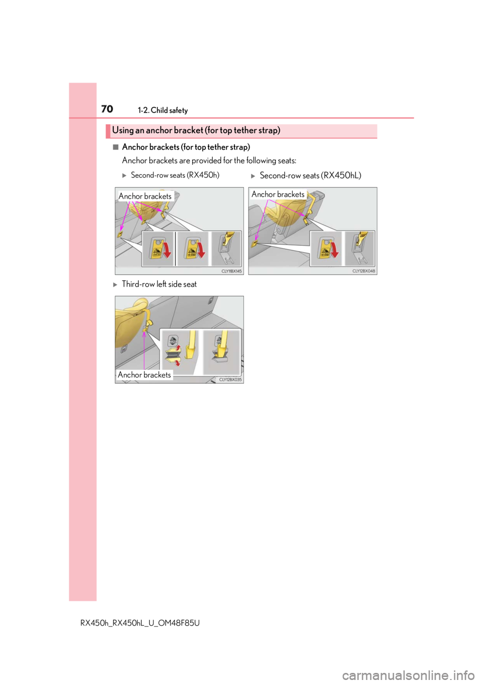 LEXUS RX450h 2018 Repair Manual 70 1-2. Child safety
RX450h_RX450hL _U_OM48F85U■
Anchor brackets (for top tether strap)
Anchor brackets are provided for the following seats:
Using an anchor bracket (for top tether strap)
Secon LEXUS RX450h 2018 Repair Manual 70 1-2. Child safety
RX450h_RX450hL _U_OM48F85U■
Anchor brackets (for top tether strap)
Anchor brackets are provided for the following seats:
Using an anchor bracket (for top tether strap)
Secon