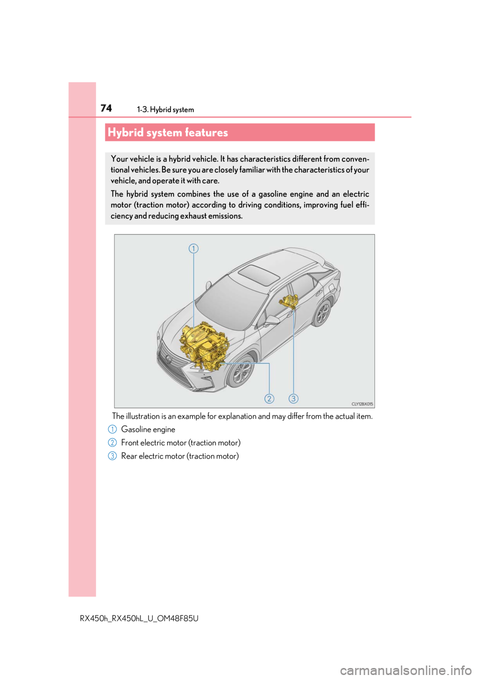 LEXUS RX450h 2018 Manual PDF 74
RX450h_RX450hL _U_OM48F85U1-3. Hybrid system
The illustration is an example for explan ation and may differ from the actual item.
Gasoline engine
Front electric motor (traction motor)
Rear electric LEXUS RX450h 2018 Manual PDF 74
RX450h_RX450hL _U_OM48F85U1-3. Hybrid system
The illustration is an example for explan ation and may differ from the actual item.
Gasoline engine
Front electric motor (traction motor)
Rear electric