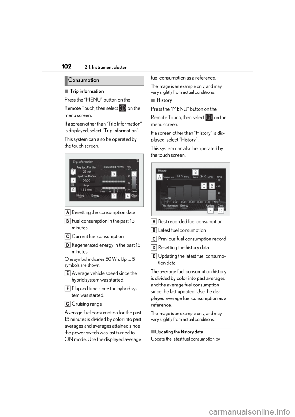 LEXUS RX450h 2021 Owners Manual 1022-1. Instrument cluster
■Trip information
Press the “MENU” button on the
Remote Touch, then select on the
menu screen.
If a screen other than “Trip Information”
is displayed, select LEXUS RX450h 2021 Owners Manual 1022-1. Instrument cluster
■Trip information
Press the “MENU” button on the
Remote Touch, then select on the
menu screen.
If a screen other than “Trip Information”
is displayed, select