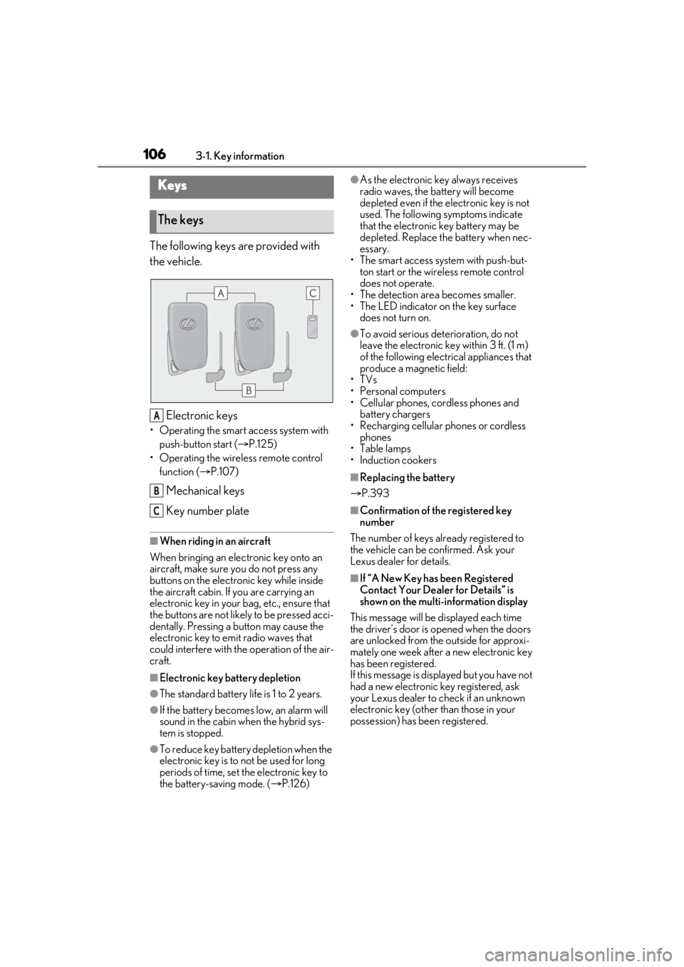 LEXUS RX450h 2021 Owners Manual 1063-1. Key information
3-1.Key information
The following keys are provided with
the vehicle.
Electronic keys
• Operating the smart access system with push-button start ( P.125)
• Operating th LEXUS RX450h 2021 Owners Manual 1063-1. Key information
3-1.Key information
The following keys are provided with
the vehicle.
Electronic keys
• Operating the smart access system with push-button start ( P.125)
• Operating th
