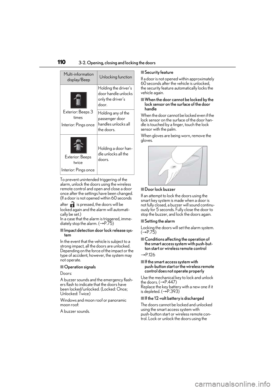 LEXUS RX450h 2021 Owners Manual 1103-2. Opening, closing and locking the doors
To prevent unintended triggering of the
alarm, unlock the doors using the wireless
remote control and open and close a door
once after the settings ha LEXUS RX450h 2021 Owners Manual 1103-2. Opening, closing and locking the doors
To prevent unintended triggering of the
alarm, unlock the doors using the wireless
remote control and open and close a door
once after the settings ha