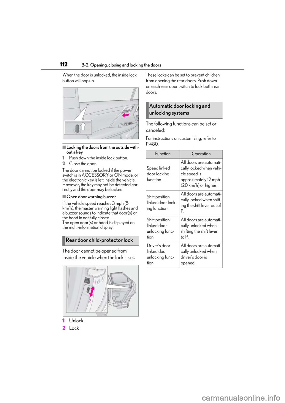 LEXUS RX450h 2021 Owners Guide 1123-2. Opening, closing and locking the doors
When the door is unlocked, the inside lock
button will pop up.
■Locking the doors from the outside with-
out a key
1 Push down the inside lock button. LEXUS RX450h 2021 Owners Guide 1123-2. Opening, closing and locking the doors
When the door is unlocked, the inside lock
button will pop up.
■Locking the doors from the outside with-
out a key
1 Push down the inside lock button.