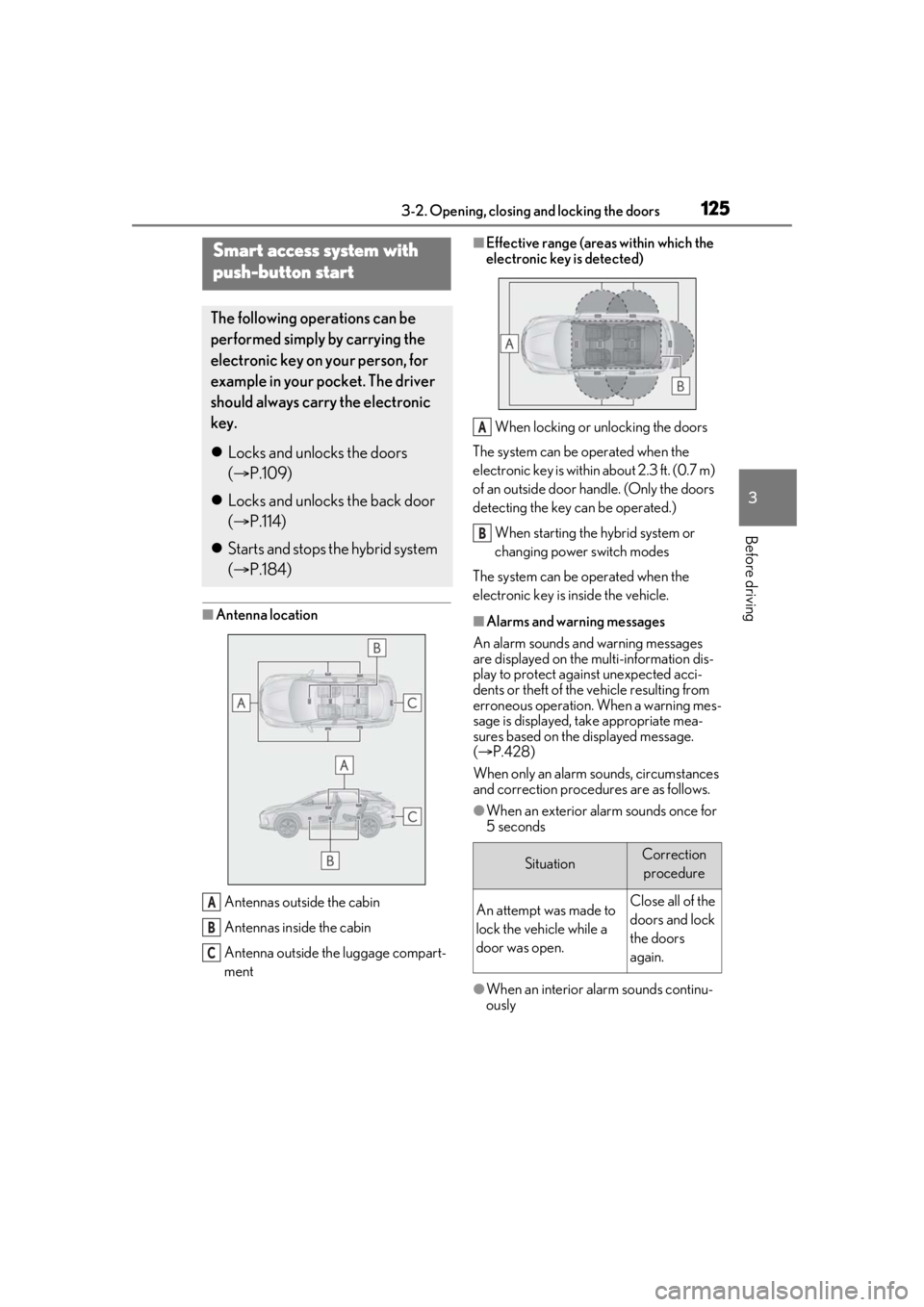 LEXUS RX450h 2021 Owners Manual 1253-2. Opening, closing and locking the doors
3
Before driving
■Antenna locationAntennas outside the cabin
Antennas inside the cabin
Antenna outside the luggage compart-
ment
■Effective range (ar LEXUS RX450h 2021 Owners Manual 1253-2. Opening, closing and locking the doors
3
Before driving
■Antenna locationAntennas outside the cabin
Antennas inside the cabin
Antenna outside the luggage compart-
ment
■Effective range (ar
