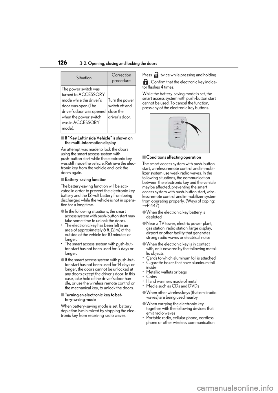 LEXUS RX450h 2021 User Guide 1263-2. Opening, closing and locking the doors
■If “Key Left inside Vehicle” is shown on
the multi-information display
An attempt was made to lock the doors
using the smart access system with LEXUS RX450h 2021 User Guide 1263-2. Opening, closing and locking the doors
■If “Key Left inside Vehicle” is shown on
the multi-information display
An attempt was made to lock the doors
using the smart access system with