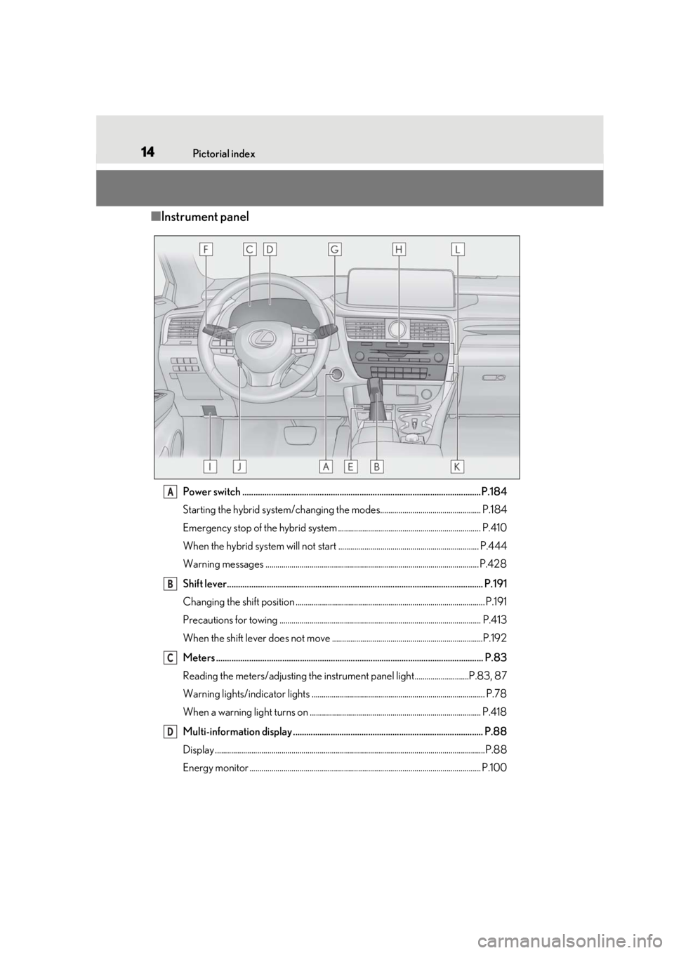 LEXUS RX450h 2021 Owners Manual 14Pictorial index
■Instrument panel
Power switch ............................................................................................................P.184
Starting the hybrid system/changing LEXUS RX450h 2021 Owners Manual 14Pictorial index
■Instrument panel
Power switch ............................................................................................................P.184
Starting the hybrid system/changing