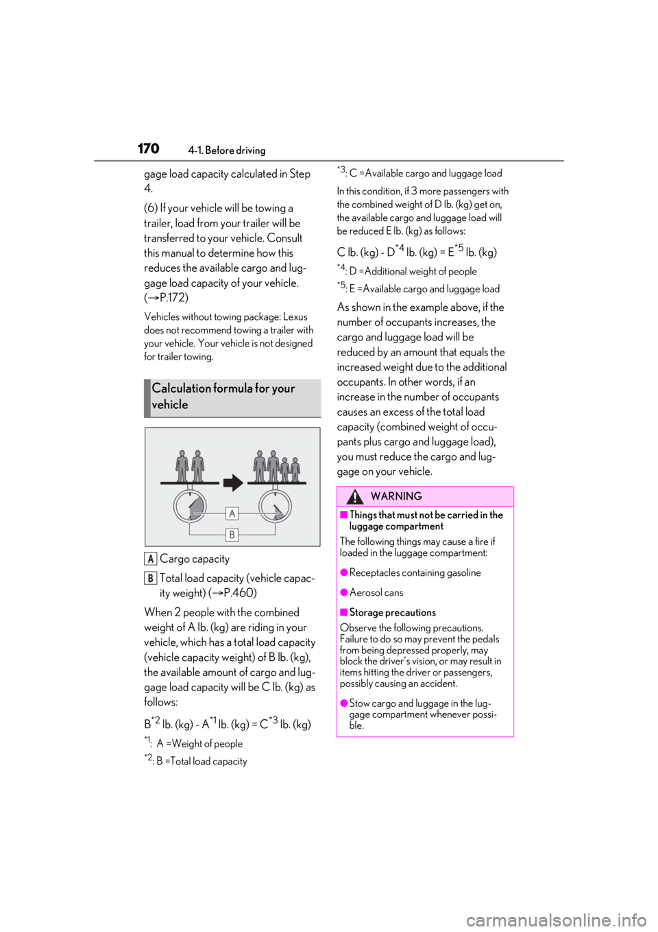 LEXUS RX450h 2021 Owners Manual 1704-1. Before driving
gage load capacity calculated in Step
4.
(6) If your vehicle will be towing a
trailer, load from your trailer will be
transferred to your vehicle. Consult
this manual to det LEXUS RX450h 2021 Owners Manual 1704-1. Before driving
gage load capacity calculated in Step
4.
(6) If your vehicle will be towing a
trailer, load from your trailer will be
transferred to your vehicle. Consult
this manual to det
