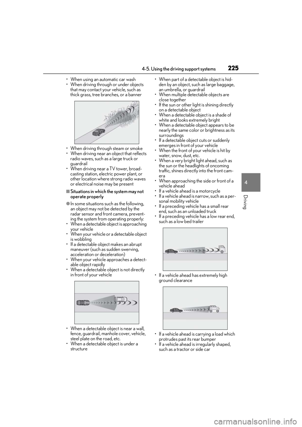 LEXUS RX450h 2021 Owners Manual 2254-5. Using the driving support systems
4
Driving
• When using an automatic car wash
• When driving through or under objects that may contact your vehicle, such as
thick grass, tree branches, o LEXUS RX450h 2021 Owners Manual 2254-5. Using the driving support systems
4
Driving
• When using an automatic car wash
• When driving through or under objects that may contact your vehicle, such as
thick grass, tree branches, o