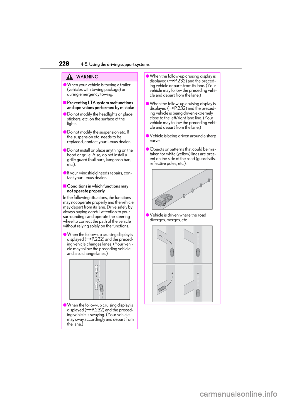 LEXUS RX450h 2021 Repair Manual 2284-5. Using the driving support systems
WARNING
●When your vehicle is towing a trailer
(vehicles with towing package) or
during emergency towing.
■Preventing LTA system malfunctions
and opera LEXUS RX450h 2021 Repair Manual 2284-5. Using the driving support systems
WARNING
●When your vehicle is towing a trailer
(vehicles with towing package) or
during emergency towing.
■Preventing LTA system malfunctions
and opera
