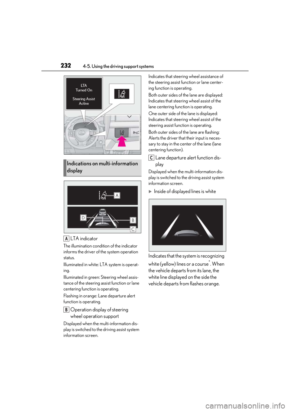 LEXUS RX450h 2021 Repair Manual 2324-5. Using the driving support systems
LTA indicator
The illumination condition of the indicator
informs the driver of the system operation
status.
Illuminated in white: LTA system is operat-
ing LEXUS RX450h 2021 Repair Manual 2324-5. Using the driving support systems
LTA indicator
The illumination condition of the indicator
informs the driver of the system operation
status.
Illuminated in white: LTA system is operat-
ing