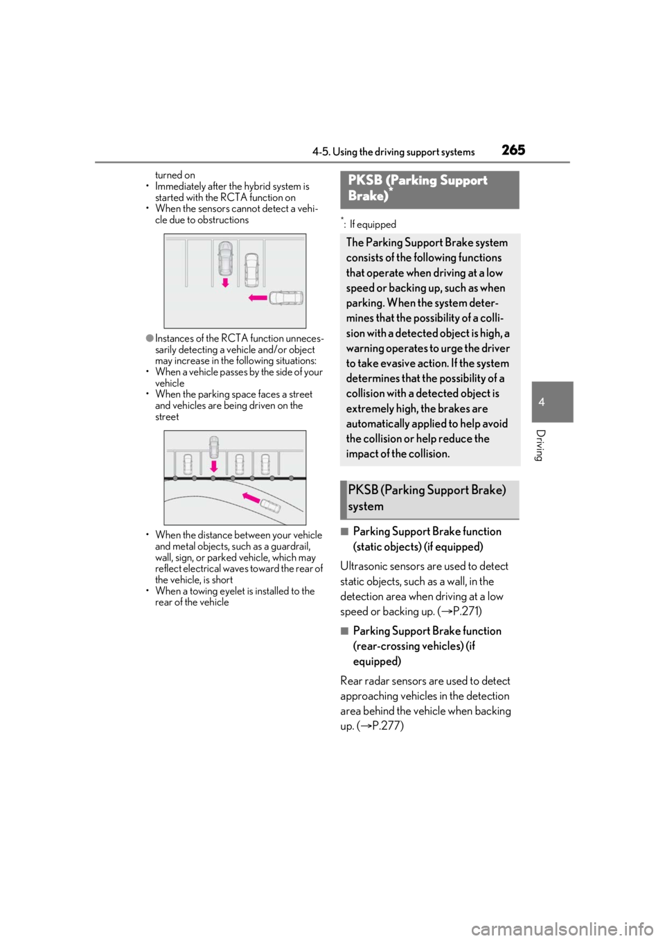 LEXUS RX450h 2021 Owners Manual 2654-5. Using the driving support systems
4
Driving
turned on
• Immediately after the hybrid system is started with the RCTA function on
• When the sensors cannot detect a vehi- cle due to obstru LEXUS RX450h 2021 Owners Manual 2654-5. Using the driving support systems
4
Driving
turned on
• Immediately after the hybrid system is started with the RCTA function on
• When the sensors cannot detect a vehi- cle due to obstru