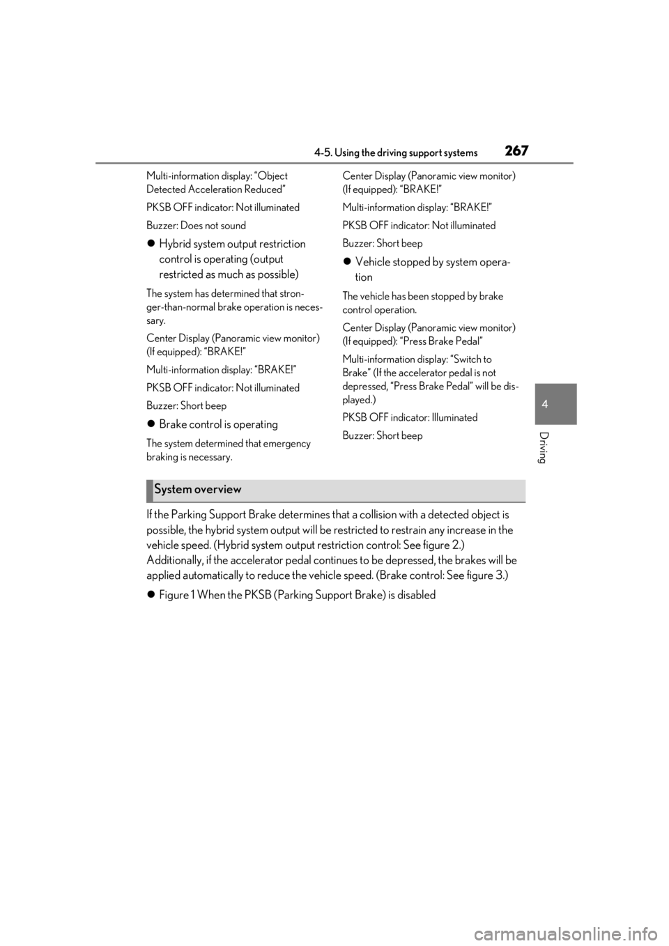 LEXUS RX450h 2021 Owners Manual 2674-5. Using the driving support systems
4
Driving
Multi-information display: “Object
Detected Acceleration Reduced”
PKSB OFF indicator: Not illuminated
Buzzer: Does not sound
Hybrid system o LEXUS RX450h 2021 Owners Manual 2674-5. Using the driving support systems
4
Driving
Multi-information display: “Object
Detected Acceleration Reduced”
PKSB OFF indicator: Not illuminated
Buzzer: Does not sound
Hybrid system o