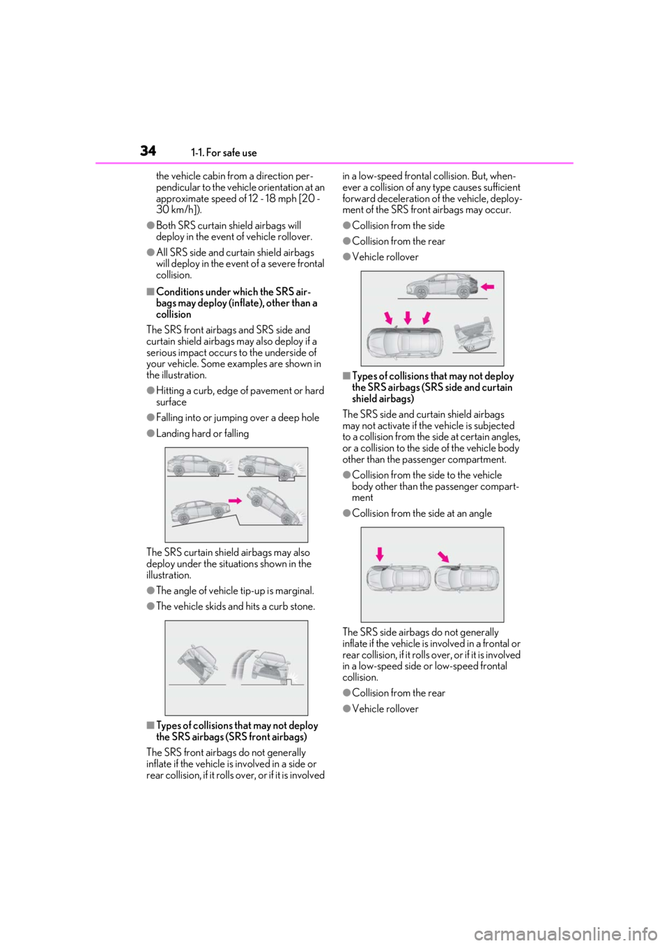 LEXUS RX450h 2021 Owners Guide 341-1. For safe use
the vehicle cabin from a direction per-
pendicular to the vehicle orientation at an 
approximate speed of 12 - 18 mph [20 - 
30 km/h]).
●Both SRS curtain shield airbags will 
dep