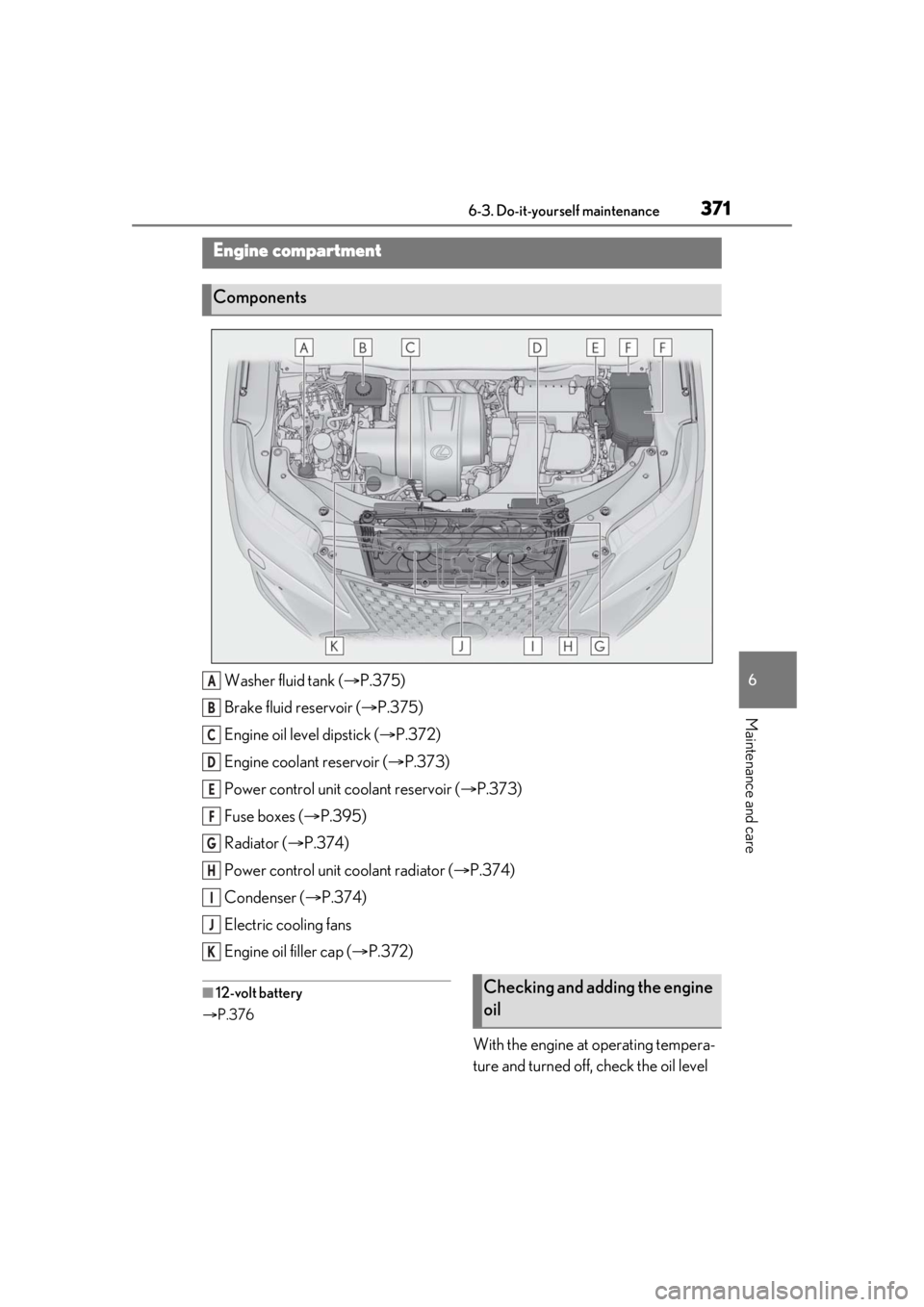 LEXUS RX450h 2021  Owners Manual 3716-3. Do-it-yourself maintenance
6
Maintenance and care
Washer fluid tank (P.375)
Brake fluid reservoir ( P.375)
Engine oil level dipstick ( P.372)
Engine coolant reservoir ( P.373)
Powe