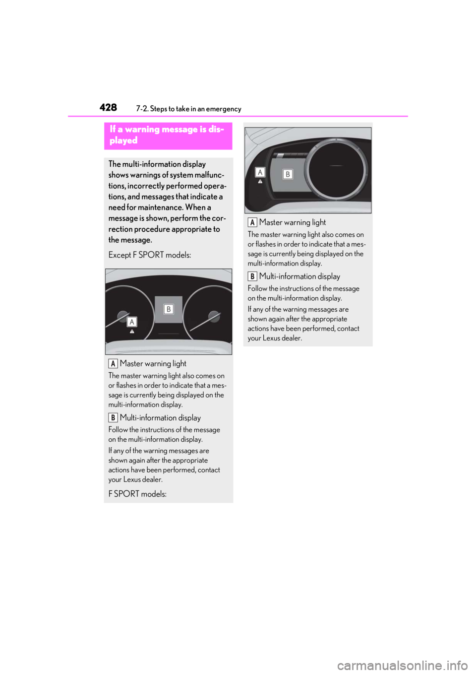 LEXUS RX450h 2021 Owners Manual 4287-2. Steps to take in an emergency
If a warning message is dis-
played
The multi-information display
shows warnings of system malfunc-
tions, incorrectly performed opera-
tions, and messages that LEXUS RX450h 2021 Owners Manual 4287-2. Steps to take in an emergency
If a warning message is dis-
played
The multi-information display
shows warnings of system malfunc-
tions, incorrectly performed opera-
tions, and messages that