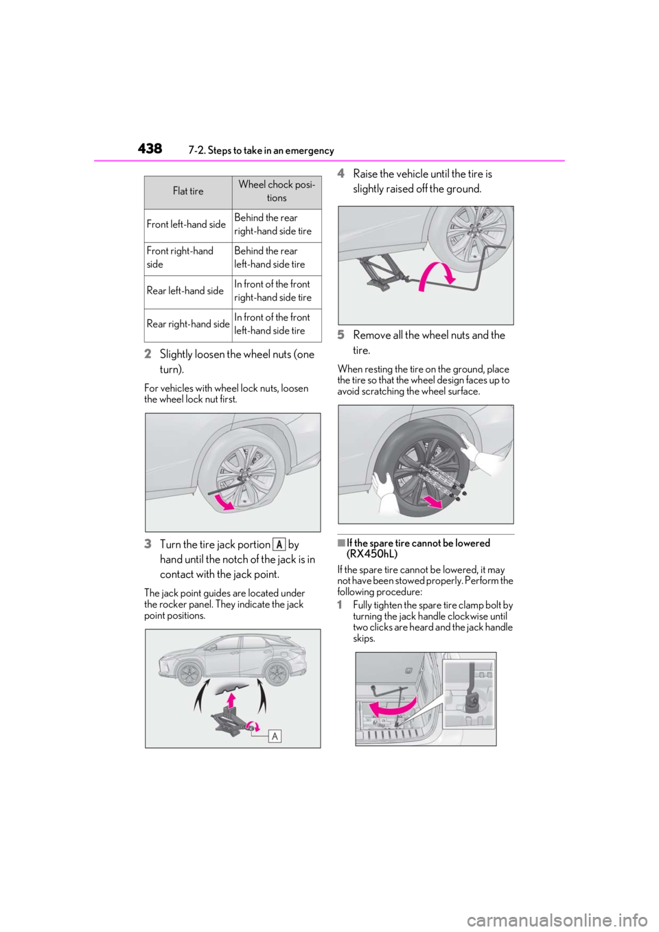 LEXUS RX450h 2021 Owners Manual 4387-2. Steps to take in an emergency
2Slightly loosen the wheel nuts (one
turn).
For vehicles with wheel lock nuts, loosen
the wheel lock nut first.
3Turn the tire jack portion by
hand until the LEXUS RX450h 2021 Owners Manual 4387-2. Steps to take in an emergency
2Slightly loosen the wheel nuts (one
turn).
For vehicles with wheel lock nuts, loosen
the wheel lock nut first.
3Turn the tire jack portion by
hand until the