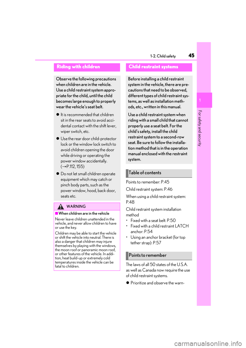 LEXUS RX450h 2021 Owners Manual 451-2. Child safety
1
For safety and security
1-2.Child safety
Points to remember: P.45
Child restraint system: P.46
When using a child restraint system:
P.48
Child restraint system installation
met LEXUS RX450h 2021 Owners Manual 451-2. Child safety
1
For safety and security
1-2.Child safety
Points to remember: P.45
Child restraint system: P.46
When using a child restraint system:
P.48
Child restraint system installation
met