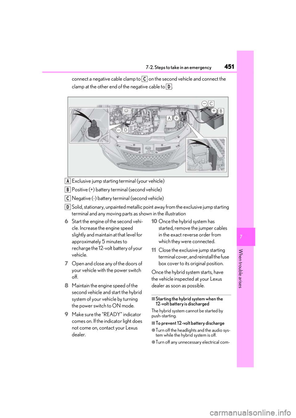 LEXUS RX450h 2021 Owners Manual 4517-2. Steps to take in an emergency
7
When trouble arises
connect a negative cable clamp to on the second vehicle and connect the
clamp at the other end of the negative cable to .
Exclusive jump LEXUS RX450h 2021 Owners Manual 4517-2. Steps to take in an emergency
7
When trouble arises
connect a negative cable clamp to on the second vehicle and connect the
clamp at the other end of the negative cable to .
Exclusive jump