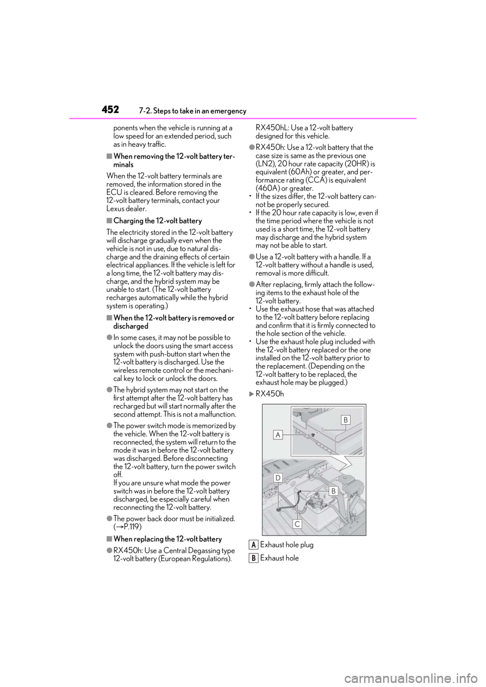 LEXUS RX450h 2021 User Guide 4527-2. Steps to take in an emergency
ponents when the vehicle is running at a
low speed for an extended period, such
as in heavy traffic.
■When removing the 12-volt battery ter-
minals
When the 1 LEXUS RX450h 2021 User Guide 4527-2. Steps to take in an emergency
ponents when the vehicle is running at a
low speed for an extended period, such
as in heavy traffic.
■When removing the 12-volt battery ter-
minals
When the 1