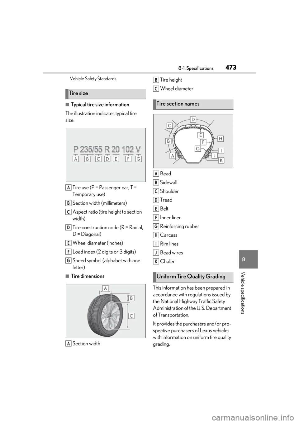 LEXUS RX450h 2021 Owners Manual 4738-1. Specifications
8
Vehicle specifications
Vehicle Safety Standards.
■Typical tire size information
The illustration indicates typical tire
size.
Tire use (P = Passenger car, T =
Temporary us LEXUS RX450h 2021 Owners Manual 4738-1. Specifications
8
Vehicle specifications
Vehicle Safety Standards.
■Typical tire size information
The illustration indicates typical tire
size.
Tire use (P = Passenger car, T =
Temporary us