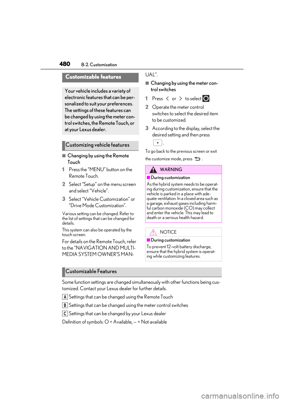 LEXUS RX450h 2021 User Guide 4808-2. Customization
8-2.Customization
■Changing by using the Remote
Touch
1 Press the “MENU” button on the
Remote Touch.
2 Select “Setup” on the menu screen
and select “Vehicle”.
3 LEXUS RX450h 2021 User Guide 4808-2. Customization
8-2.Customization
■Changing by using the Remote
Touch
1 Press the “MENU” button on the
Remote Touch.
2 Select “Setup” on the menu screen
and select “Vehicle”.
3