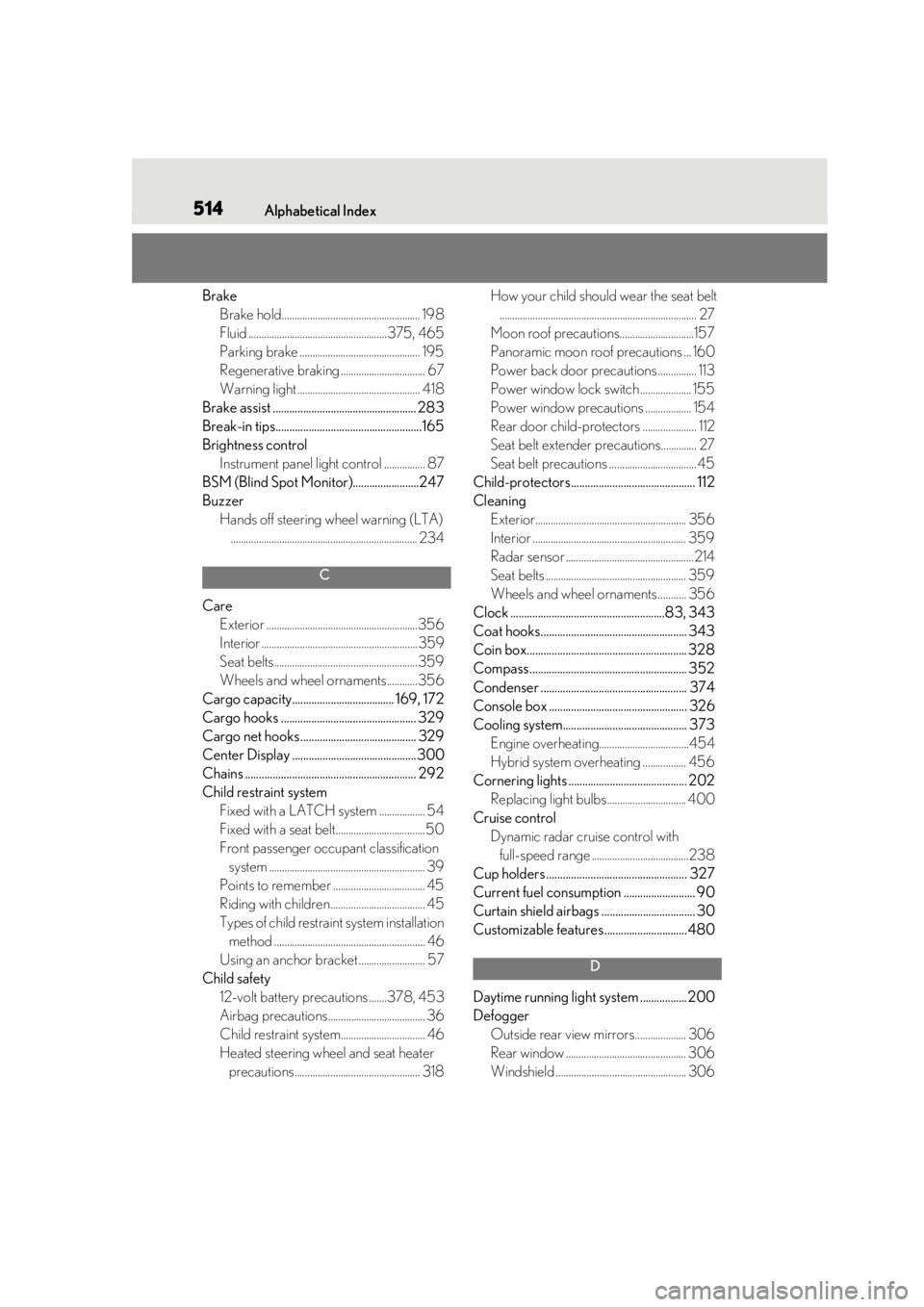 LEXUS RX450h 2021 Manual PDF 514Alphabetical Index
BrakeBrake hold...................................................... 198
Fluid ......................................................375, 465
Parking brake .....................
