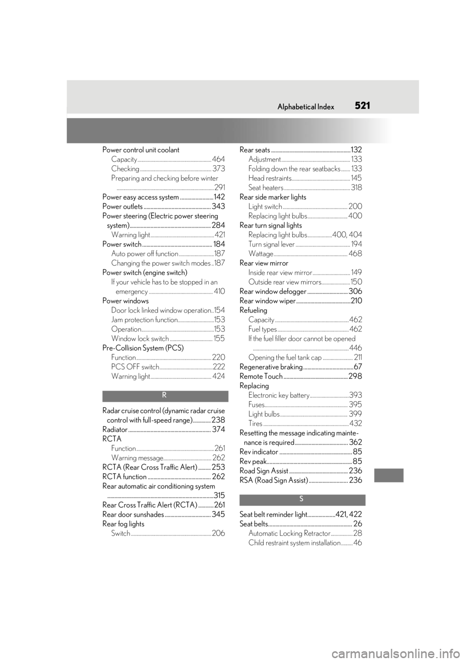 LEXUS RX450h 2021  Owners Manual 521Alphabetical Index
Power control unit coolantCapacity ......................................................... 464
Checking ....................................................... 373
Preparing an