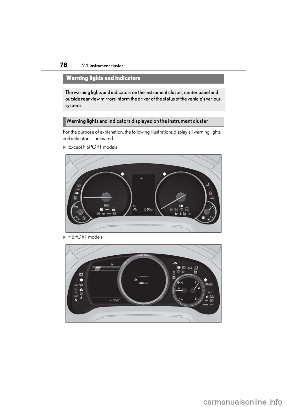 LEXUS RX450h 2021 User Guide 782-1. Instrument cluster
2-1.Instrument cluster
For the purpose of explanation, the following illustrations display all warning lights
and indicators illuminated.
Except F SPORT models
F SPORT LEXUS RX450h 2021 User Guide 782-1. Instrument cluster
2-1.Instrument cluster
For the purpose of explanation, the following illustrations display all warning lights
and indicators illuminated.
Except F SPORT models
F SPORT