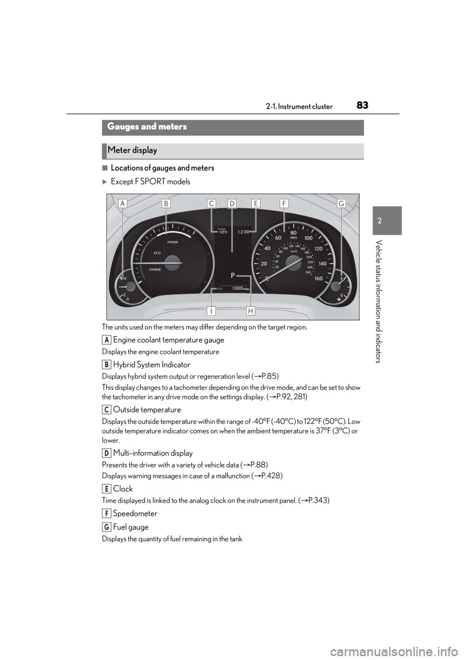 LEXUS RX450h 2021 Owners Manual 832-1. Instrument cluster
2
Vehicle status information and indicators
■Locations of gauges and meters
Except F SPORT models
The units used on the meters may differ depending on the target region. LEXUS RX450h 2021 Owners Manual 832-1. Instrument cluster
2
Vehicle status information and indicators
■Locations of gauges and meters
Except F SPORT models
The units used on the meters may differ depending on the target region.