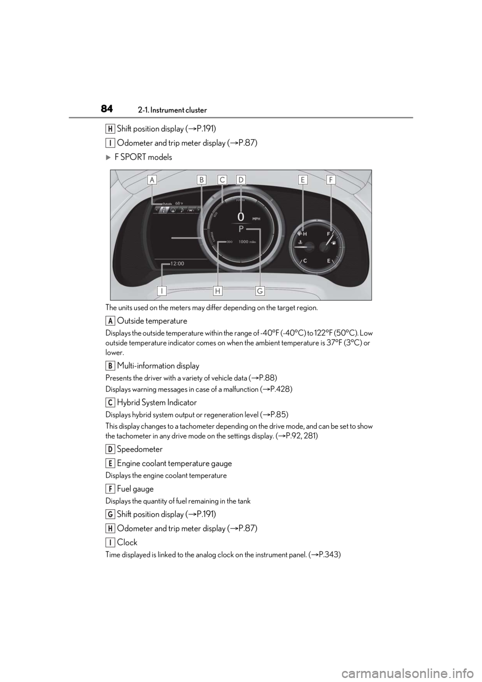 LEXUS RX450h 2021  Owners Manual 842-1. Instrument cluster
Shift position display (P.191)
Odometer and trip meter display ( P.87)
F SPORT models
The units used on the meters may differ depending on the target region.
Outside