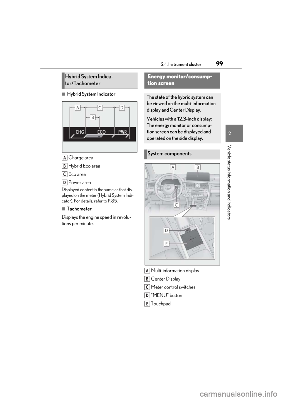 LEXUS RX450h 2021 Owners Manual 992-1. Instrument cluster
2
Vehicle status information and indicators
■Hybrid System IndicatorCharge area
Hybrid Eco area
Eco area
Power area
Displayed content is the same as that dis-
played on the LEXUS RX450h 2021 Owners Manual 992-1. Instrument cluster
2
Vehicle status information and indicators
■Hybrid System IndicatorCharge area
Hybrid Eco area
Eco area
Power area
Displayed content is the same as that dis-
played on the