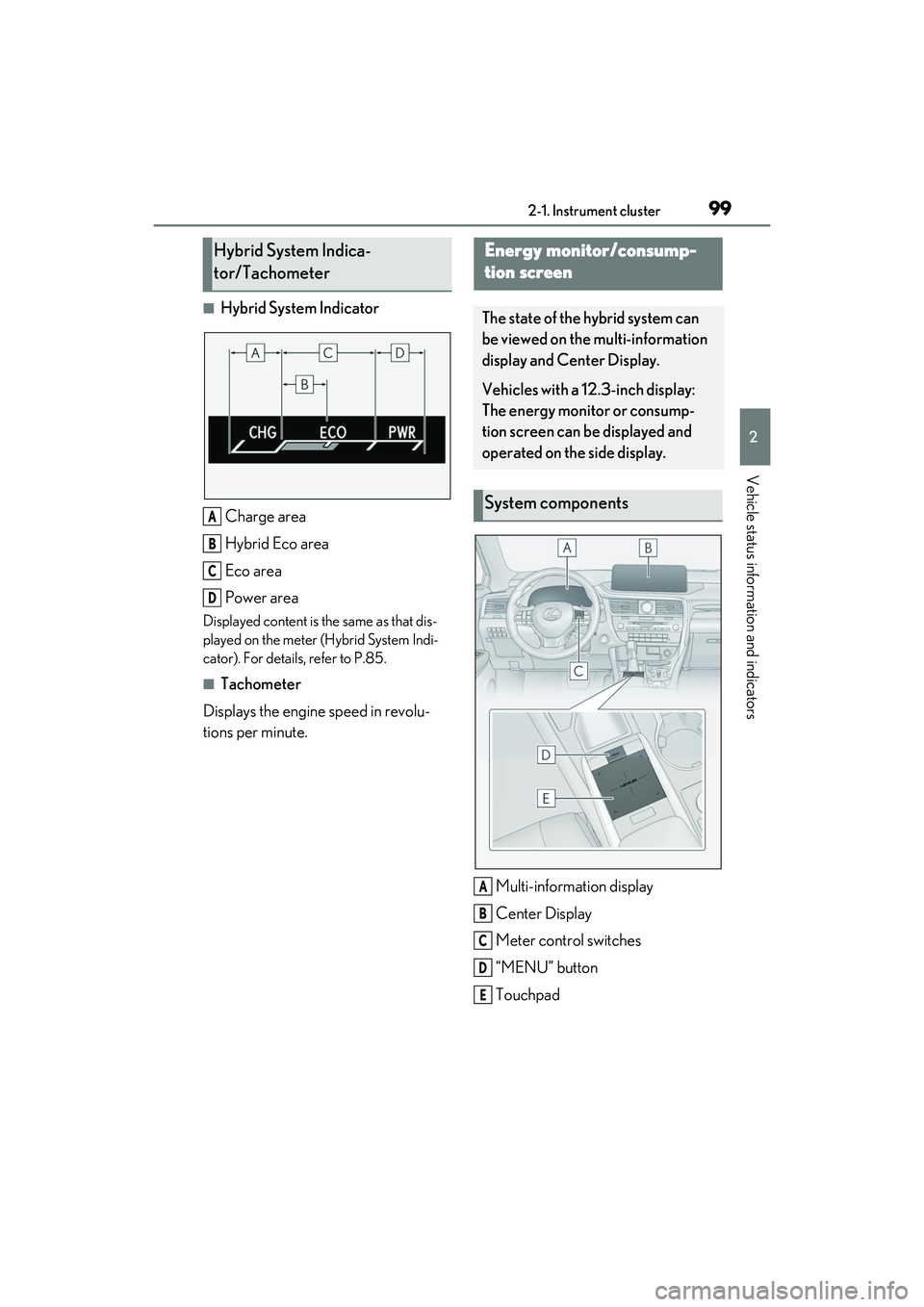 LEXUS RX450h 2022 User Guide 992-1. Instrument cluster
2
Vehicle status information and indicators
■Hybrid System IndicatorCharge area
Hybrid Eco area
Eco area
Power area
Displayed content is th e same as that dis-
played on th LEXUS RX450h 2022 User Guide 992-1. Instrument cluster
2
Vehicle status information and indicators
■Hybrid System IndicatorCharge area
Hybrid Eco area
Eco area
Power area
Displayed content is th e same as that dis-
played on th